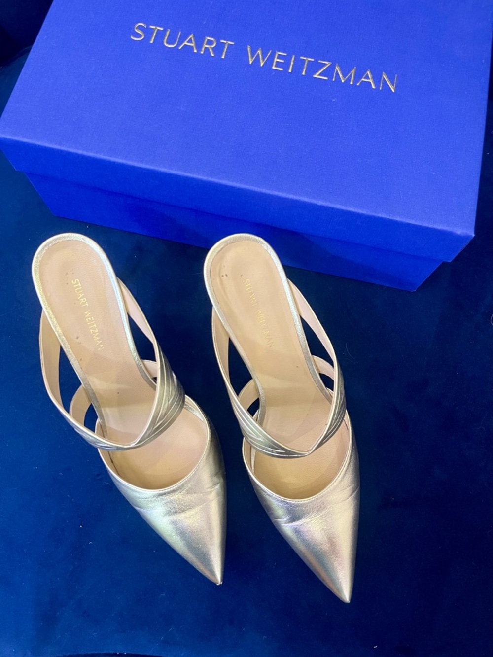 Stuart Weitzman Gold Iridescent Pointed-Toe Strappy Mule Stilettos - Picture 5 of 9
